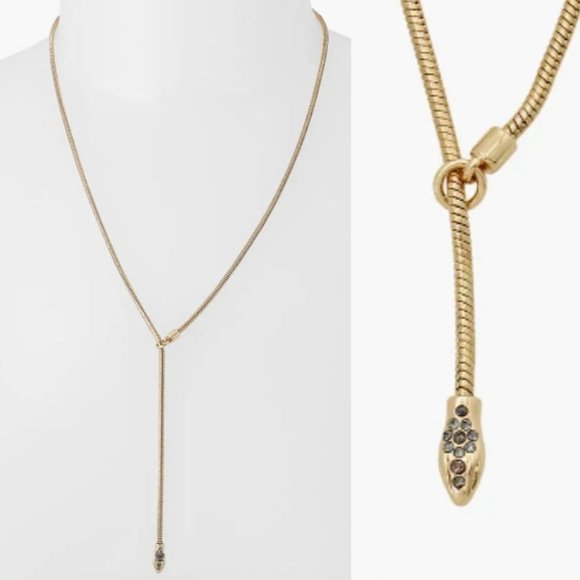 All Saints Necklace Gold Plated Pave Snake Head Lariat Pendant Slide - Picture 2 of 12